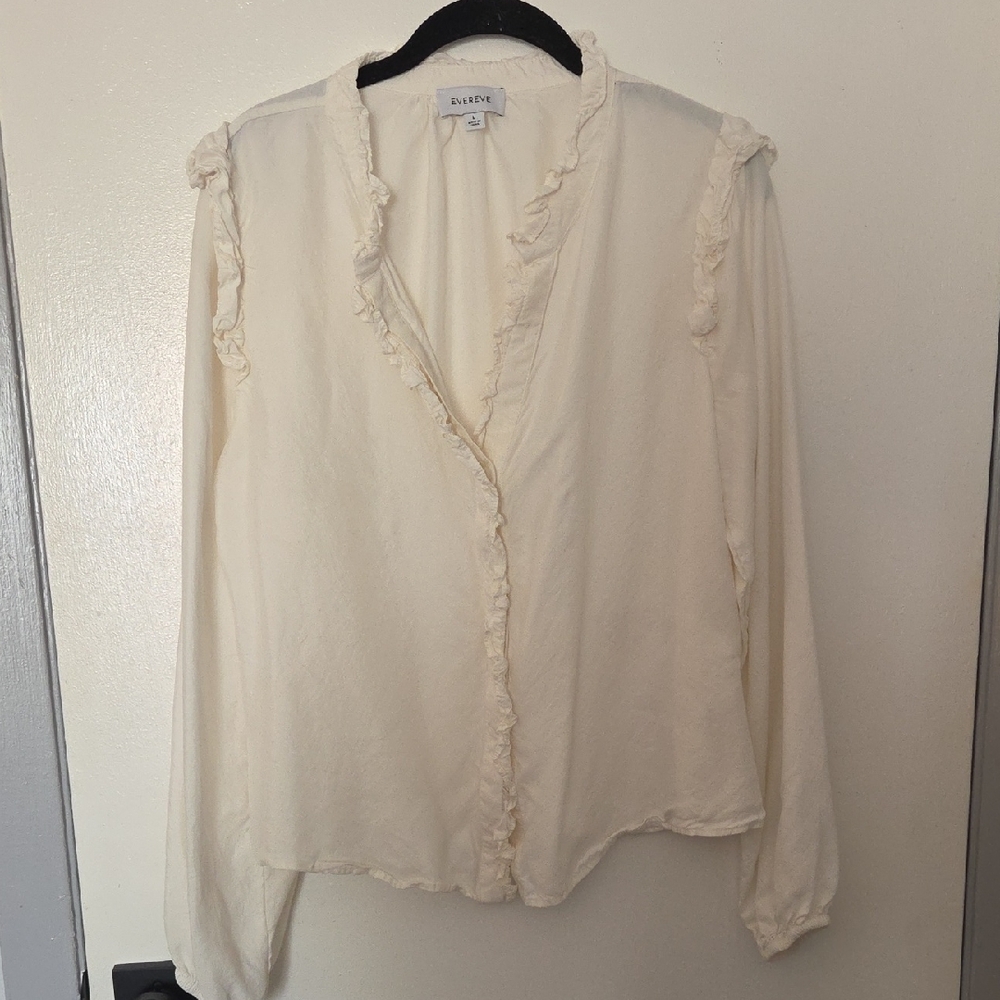 Evereve Ivory Thea Ruffle Washed Satin Blouse Size L